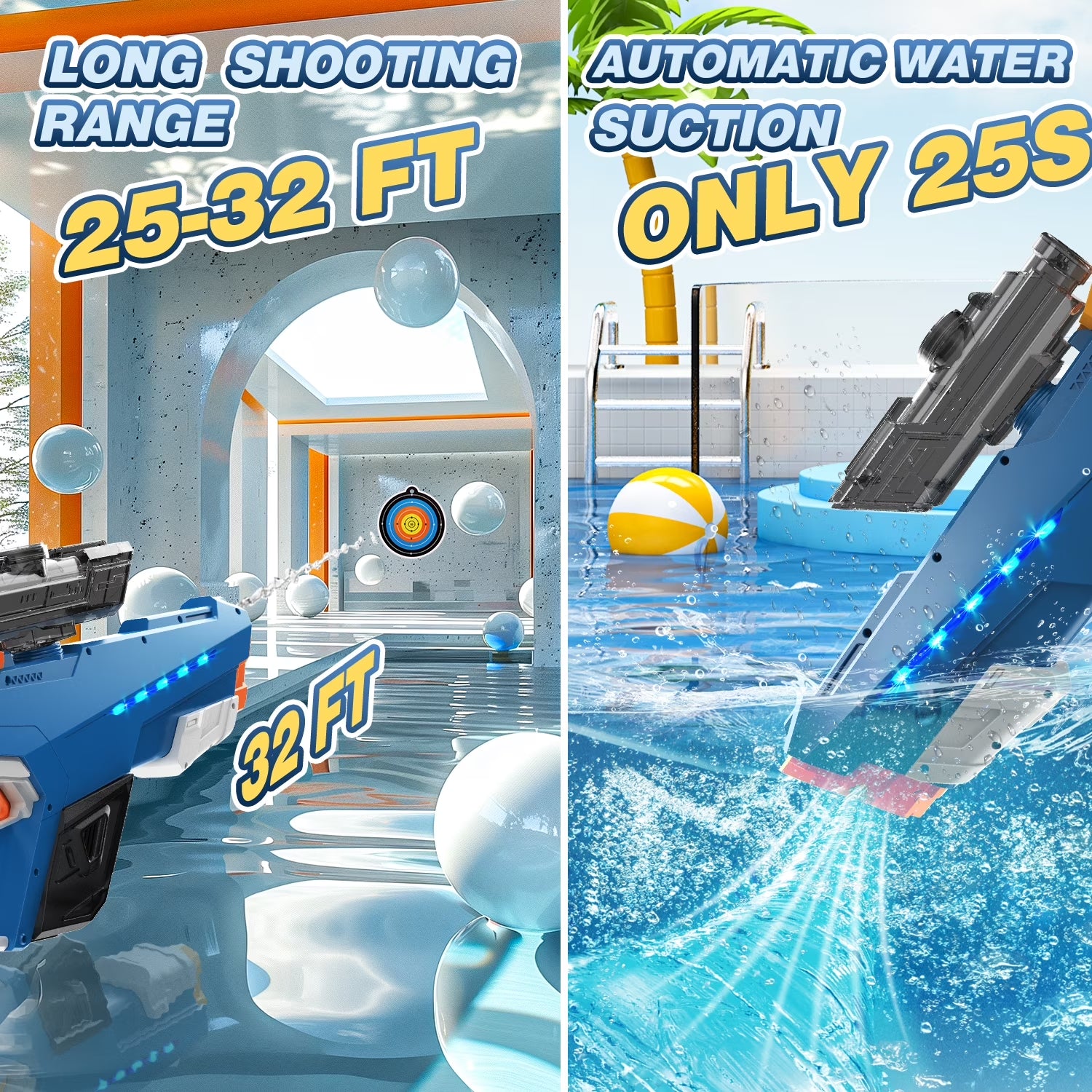Electric Water Blaster with Light, Automatic Manual Suction 2-In-1 Water Blaster for Adult Kids, Squirt Blaster 39 Ft Range, Pool Beach Outdoor Party Toys, Blue