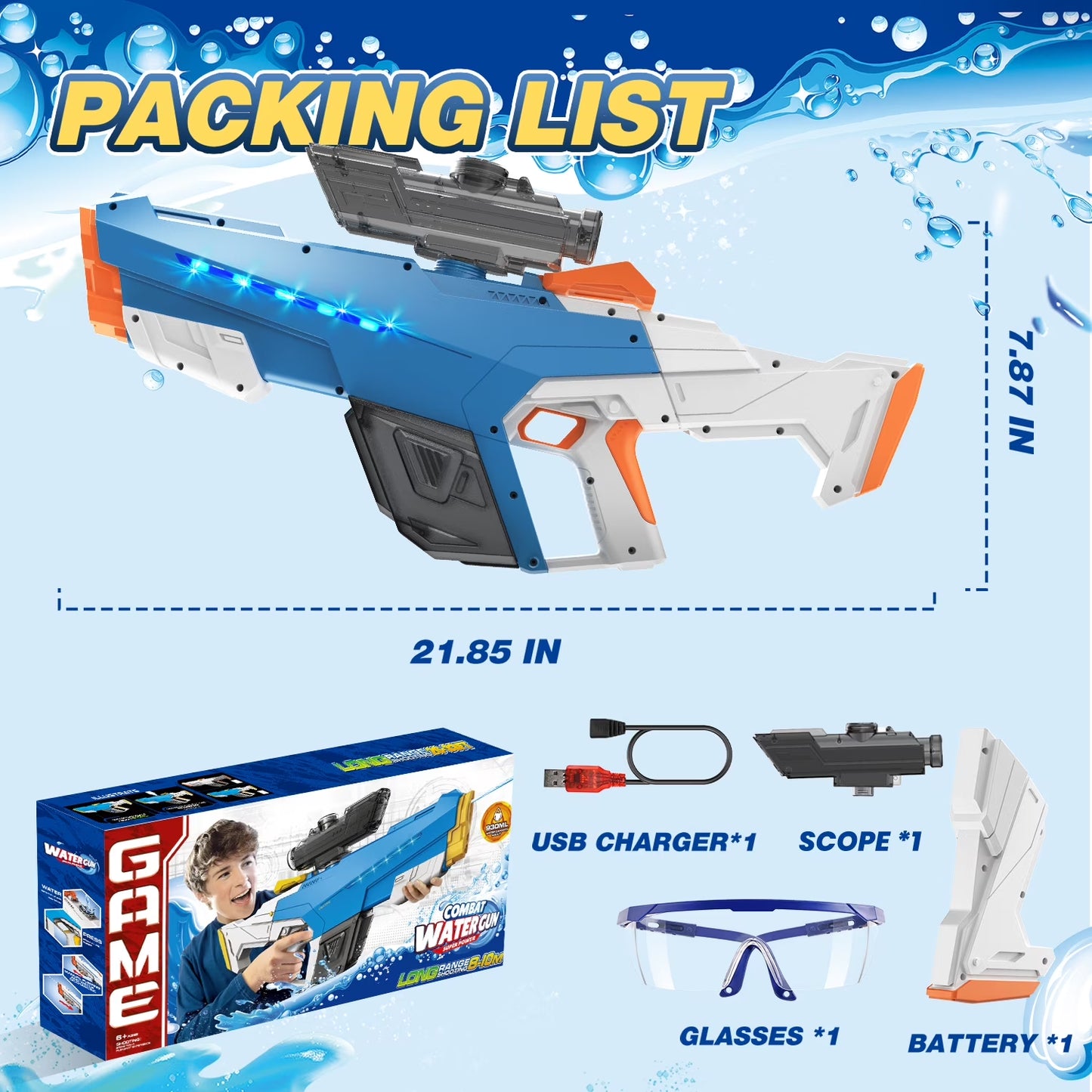 Electric Water Blaster with Light, Automatic Manual Suction 2-In-1 Water Blaster for Adult Kids, Squirt Blaster 39 Ft Range, Pool Beach Outdoor Party Toys, Blue