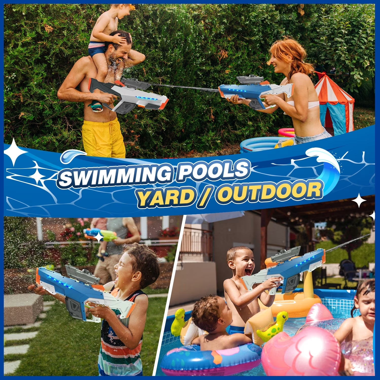 Electric Water Blaster with Light, Automatic Manual Suction 2-In-1 Water Blaster for Adult Kids, Squirt Blaster 39 Ft Range, Pool Beach Outdoor Party Toys, Blue