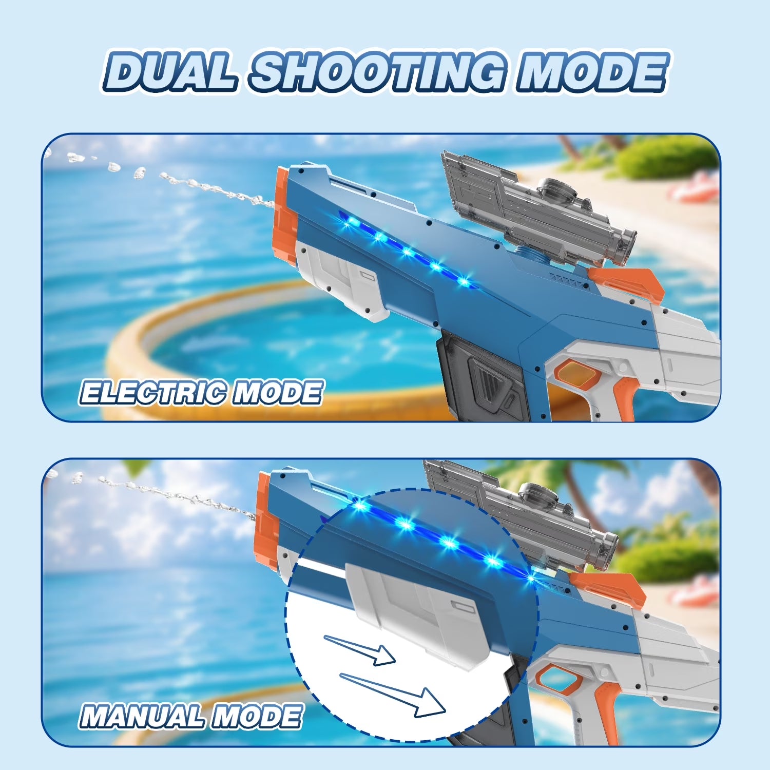 Electric Water Blaster with Light, Automatic Manual Suction 2-In-1 Water Blaster for Adult Kids, Squirt Blaster 39 Ft Range, Pool Beach Outdoor Party Toys, Blue