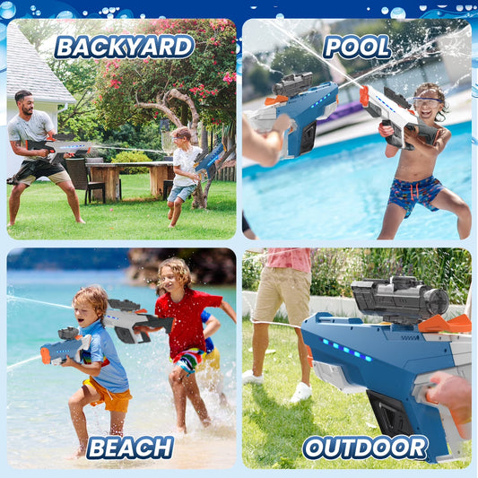 Electric Water Blaster with Light, Automatic Manual Suction 2-In-1 Water Blaster for Adult Kids, Squirt Blaster 39 Ft Range, Pool Beach Outdoor Party Toys, Blue