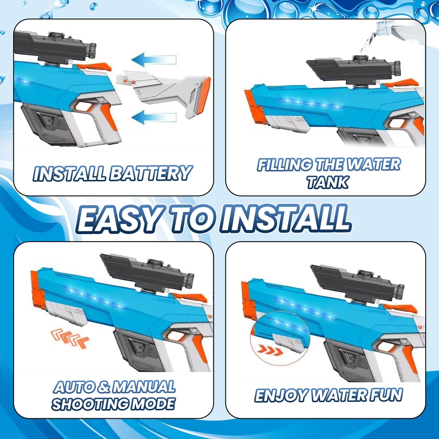 Electric Water Blaster with Light, Automatic Manual Suction 2-In-1 Water Blaster for Adult Kids, Squirt Blaster 39 Ft Range, Pool Beach Outdoor Party Toys, Blue